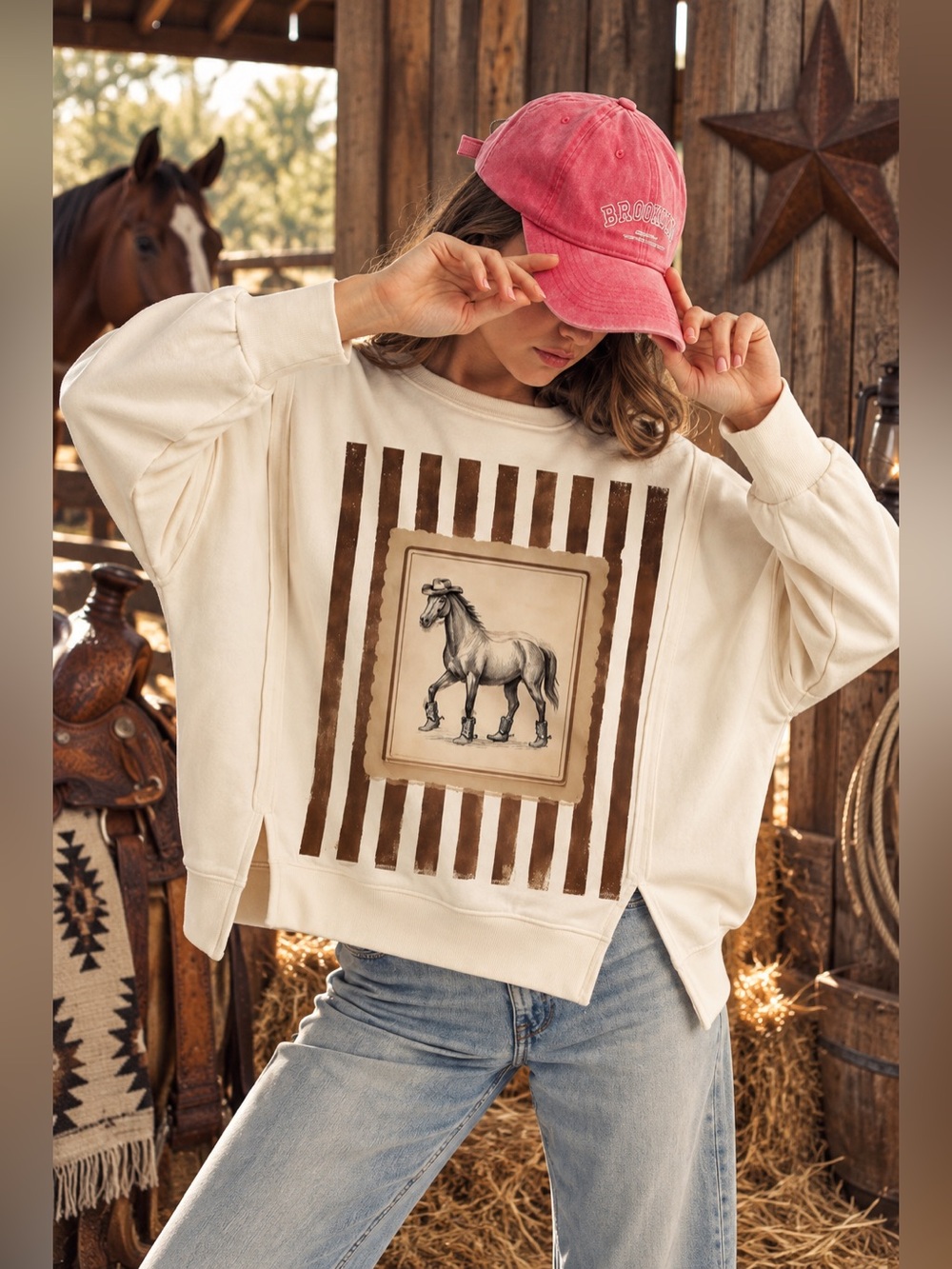 Cream horse embroidered knit western boho relaxed hoodie sweatshirt jacket top